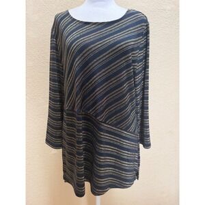 Chicos Travelers Tunic Top Womens 2 (L) Navy Gold Metallic Stripe 3/4 Sleeve